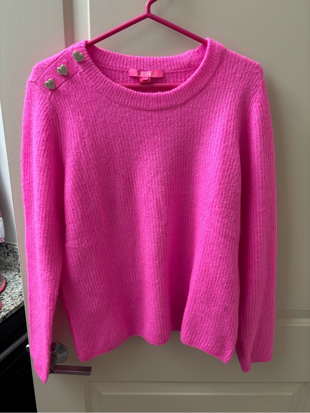 Lilly pulitzer pink sweater with gold heart buttons on shoulder Large
